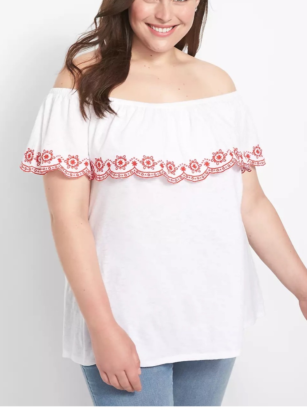 Lane Bryant Off-Shoulder White red Swing ruffle knit embroidered top 26/28 NWT